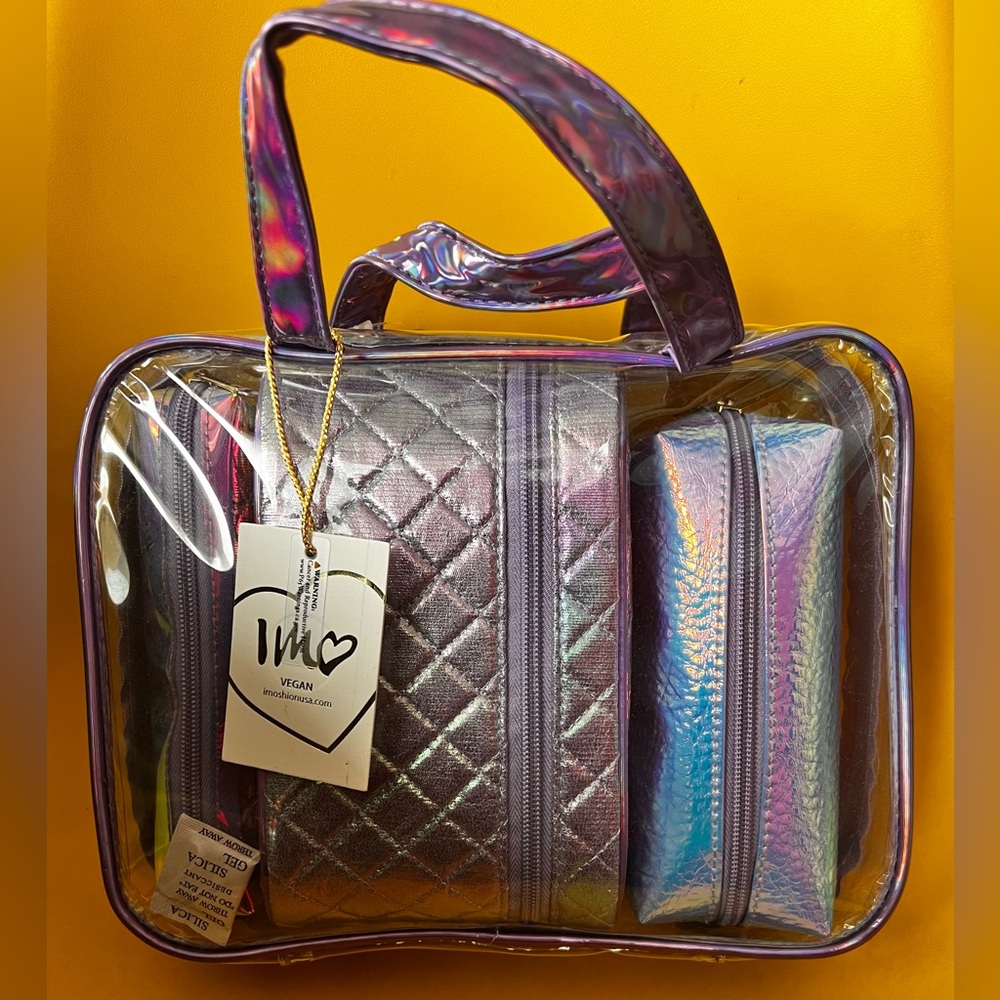 COSMETIC BAG zipper case set 4 pc satchel plus zip top bags iridescent combo NEW